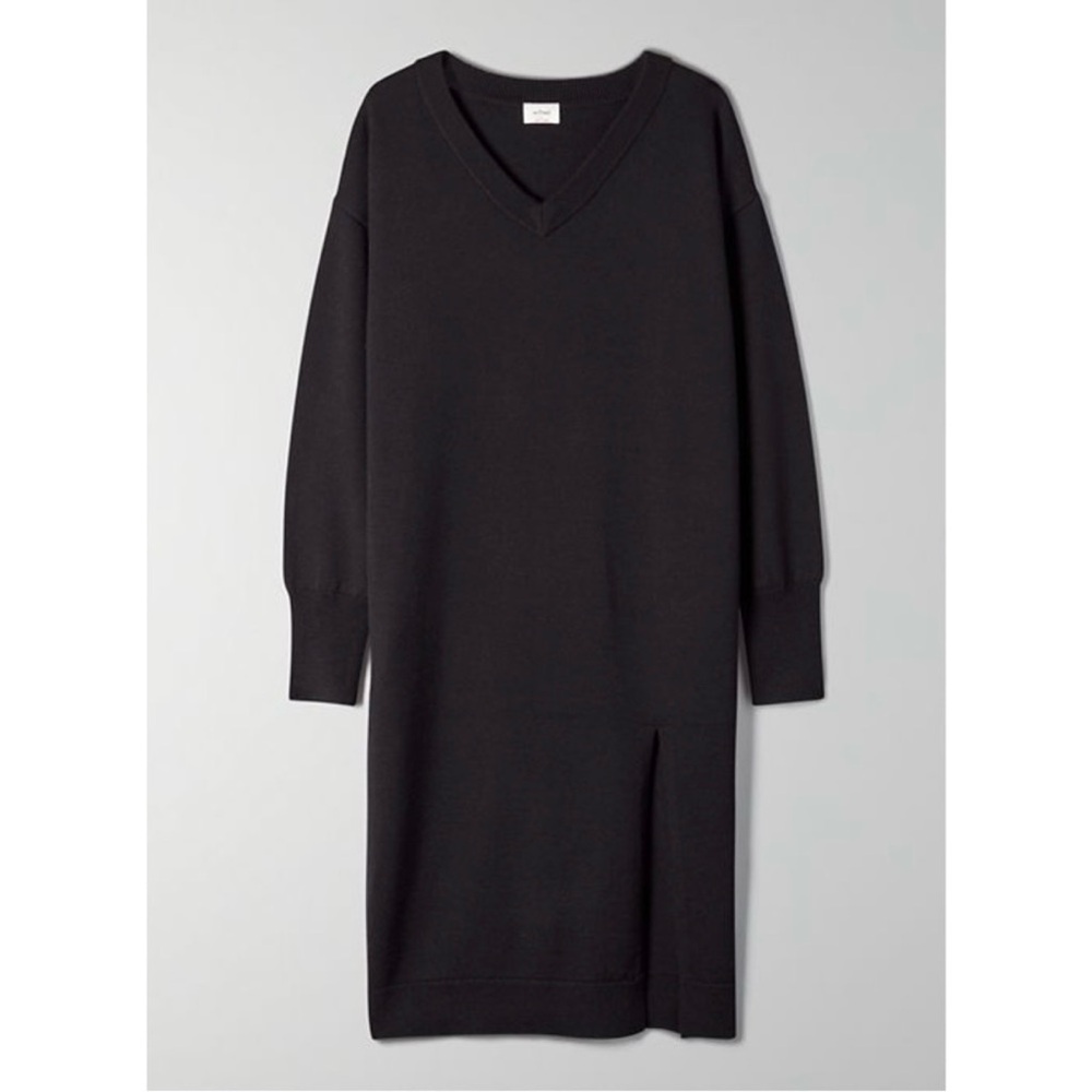 Aritzia Wilfred Size S Cyprie Black V-Neck 100% Merino Wool Sweater Dress